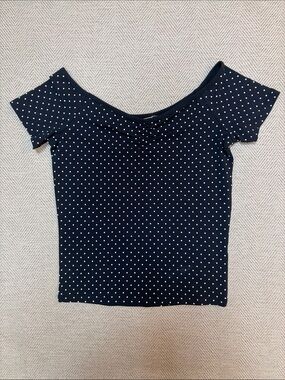 Navy Off-Shoulder Polka Dot Short Sleeve Top